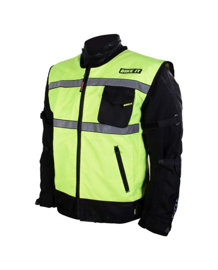 Hi-Vis Reflective Gilet side view over motorcycle jacket