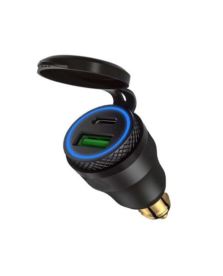 Aluminium Din Hella Plug 12V Power Adaptor With Dual USB QC3.0 And Type-C Ports